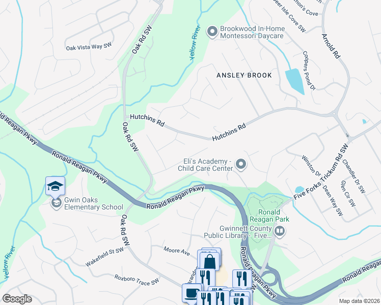 map of restaurants, bars, coffee shops, grocery stores, and more near 488 Benton Court Southwest in Lawrenceville