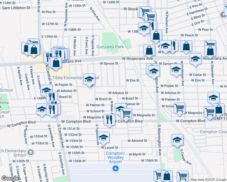 map of restaurants, bars, coffee shops, grocery stores, and more near 1211 West Arbutus Street in Compton