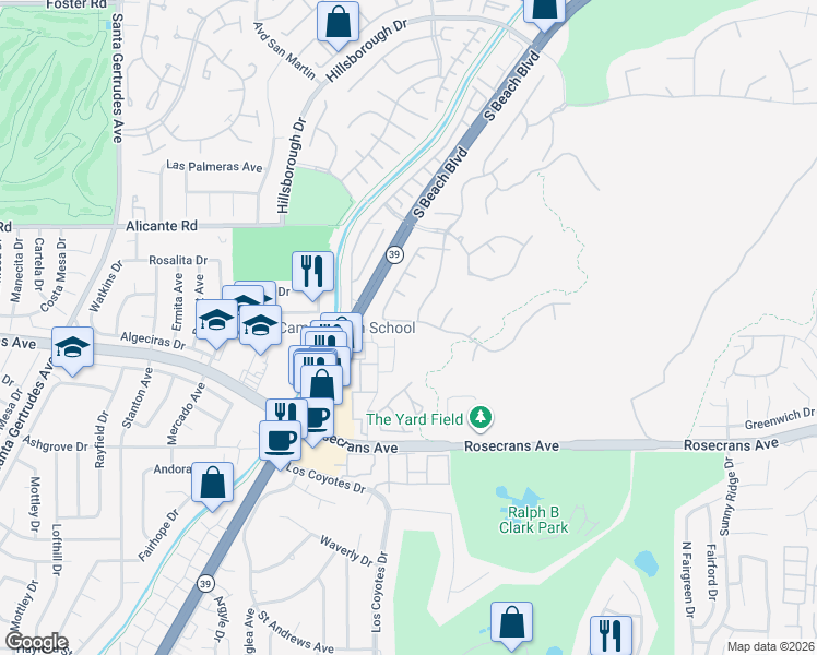 map of restaurants, bars, coffee shops, grocery stores, and more near 3109 Highlander Road in Fullerton
