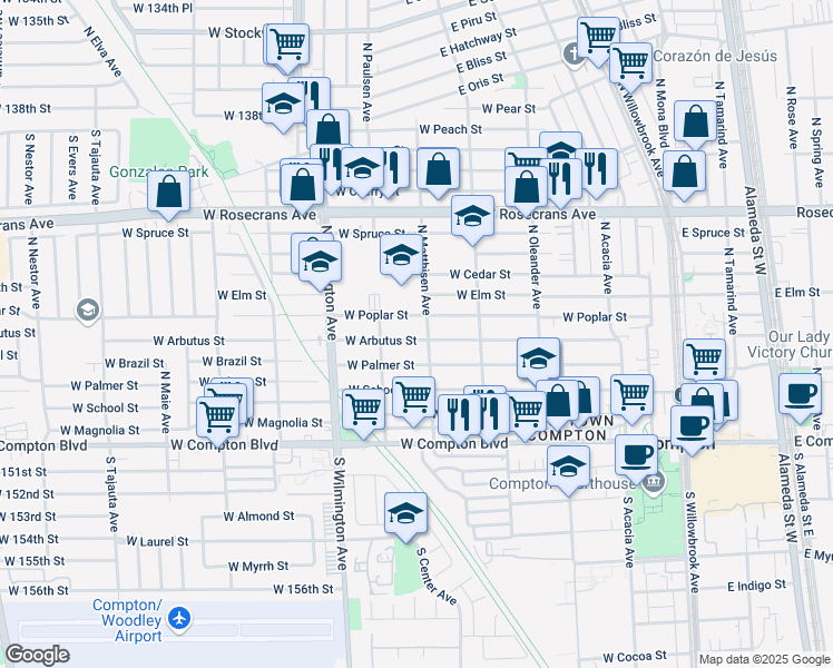 map of restaurants, bars, coffee shops, grocery stores, and more near 611 West Arbutus Street in Compton