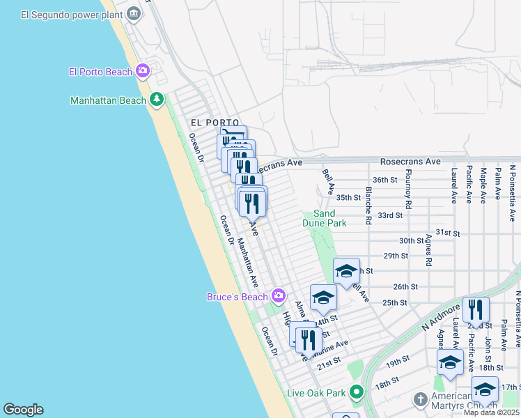 map of restaurants, bars, coffee shops, grocery stores, and more near 323 34th Street in Manhattan Beach