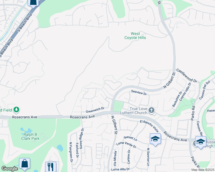 map of restaurants, bars, coffee shops, grocery stores, and more near 2306 Applewood Circle in Fullerton