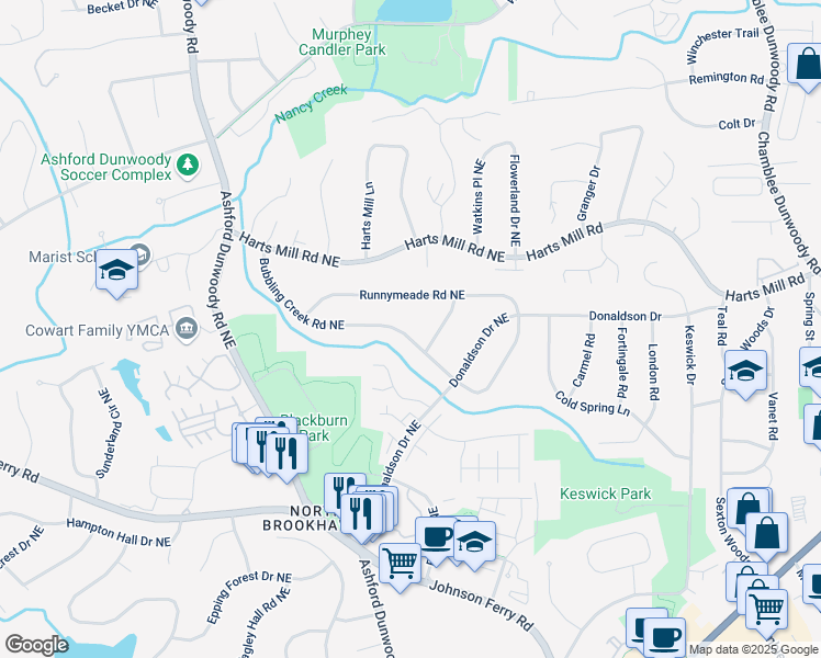 map of restaurants, bars, coffee shops, grocery stores, and more near 1564 Bubbling Creek Road Northeast in Atlanta