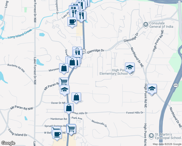map of restaurants, bars, coffee shops, grocery stores, and more near 285 Green Hill Road Northeast in Atlanta
