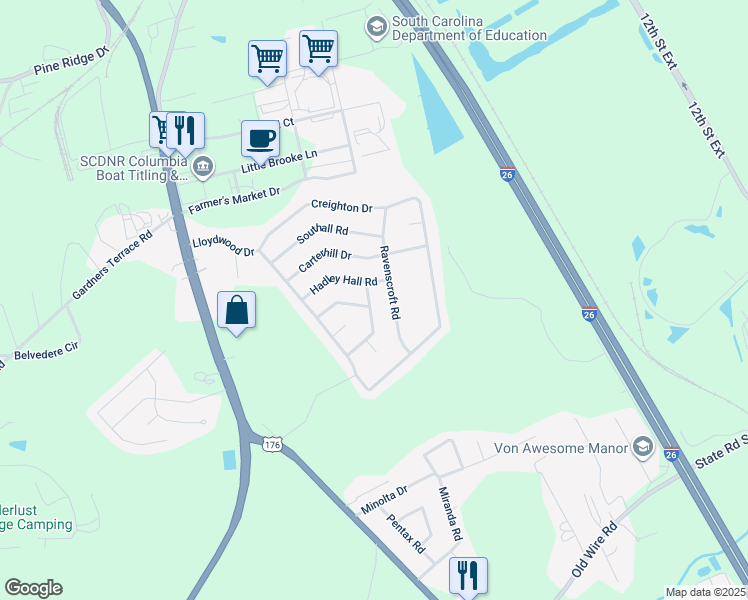 map of restaurants, bars, coffee shops, grocery stores, and more near 322 Cooksmount Road in West Columbia
