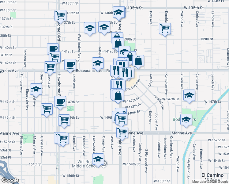 map of restaurants, bars, coffee shops, grocery stores, and more near 14505 145th Street in Lawndale