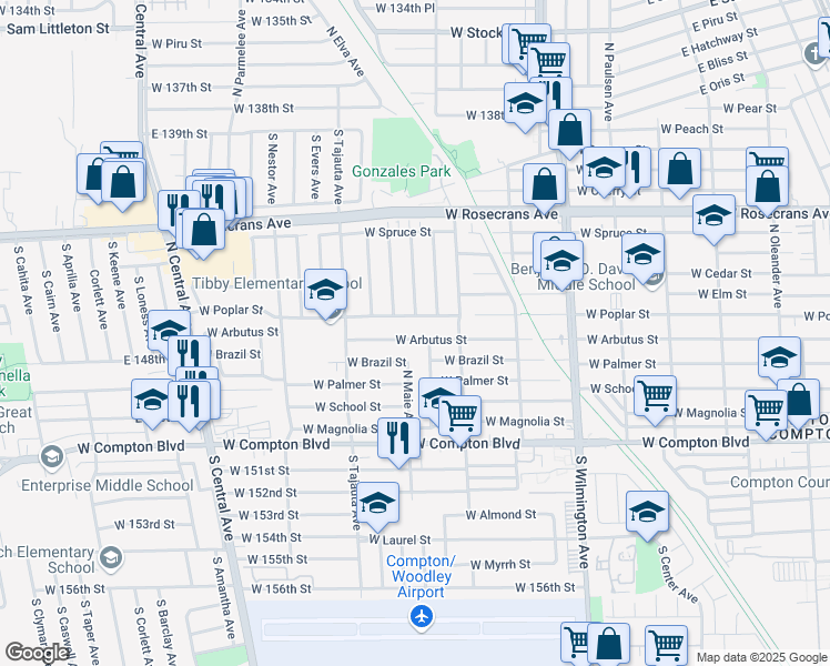 map of restaurants, bars, coffee shops, grocery stores, and more near 1211 West Arbutus Street in Compton