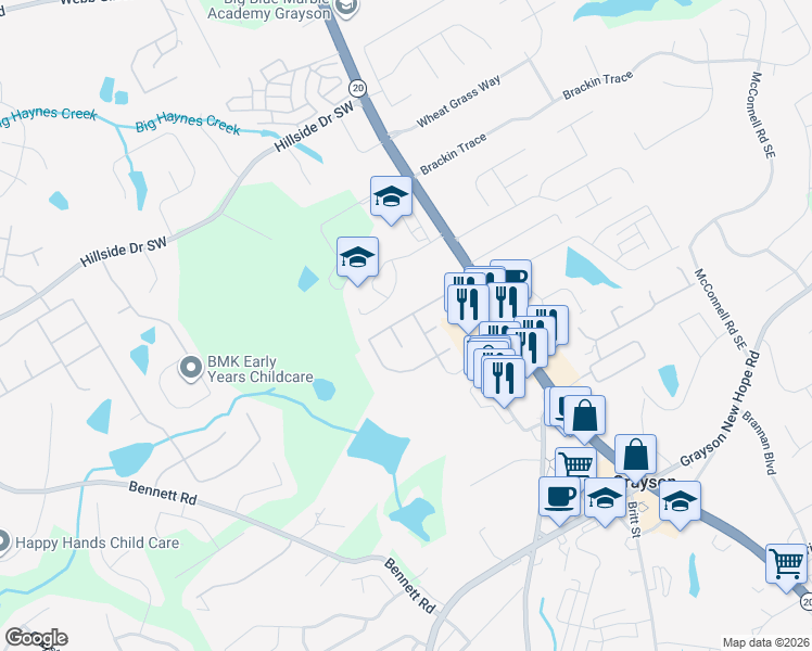 map of restaurants, bars, coffee shops, grocery stores, and more near 590 Glens Farm Way in Grayson