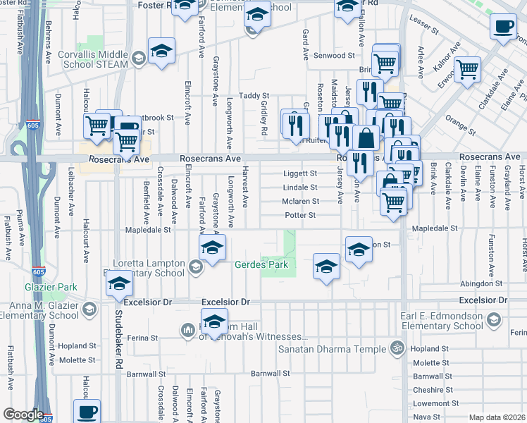 map of restaurants, bars, coffee shops, grocery stores, and more near 11421 Mclaren Street in Norwalk