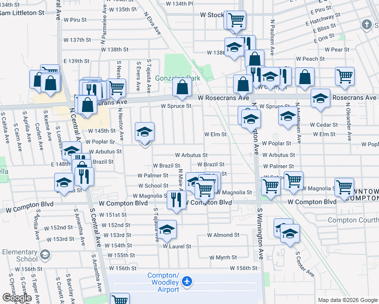 map of restaurants, bars, coffee shops, grocery stores, and more near 1127 West Arbutus Street in Compton