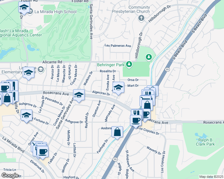 map of restaurants, bars, coffee shops, grocery stores, and more near 14611 Dunnet Avenue in La Mirada