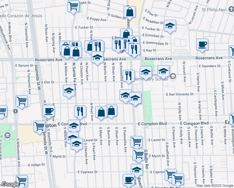 map of restaurants, bars, coffee shops, grocery stores, and more near 504 North Sloan Avenue in Compton