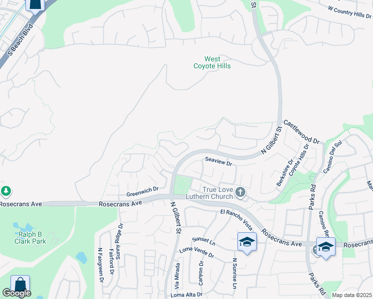map of restaurants, bars, coffee shops, grocery stores, and more near 2306 Applewood Circle in Fullerton