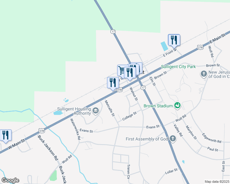map of restaurants, bars, coffee shops, grocery stores, and more near 4551 U.S. 278 in Sulligent
