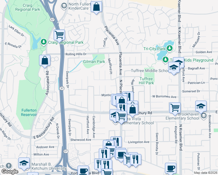map of restaurants, bars, coffee shops, grocery stores, and more near 2484 Middlesex Place in Fullerton