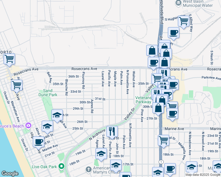 map of restaurants, bars, coffee shops, grocery stores, and more near 781 35th Street in Manhattan Beach