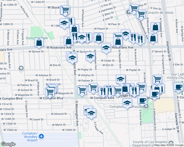 map of restaurants, bars, coffee shops, grocery stores, and more near 619 West Arbutus Street in Compton
