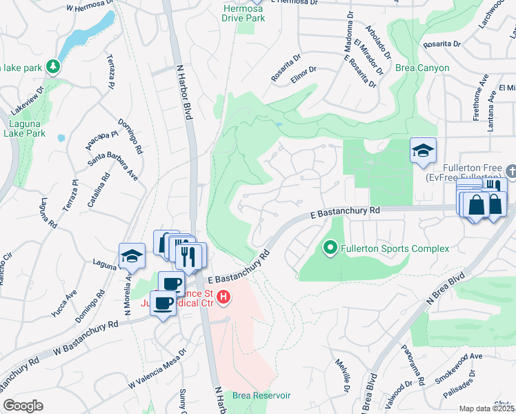 map of restaurants, bars, coffee shops, grocery stores, and more near 453 Westchester Place in Fullerton