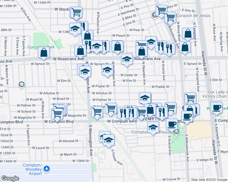 map of restaurants, bars, coffee shops, grocery stores, and more near 610 West Poplar Street in Compton