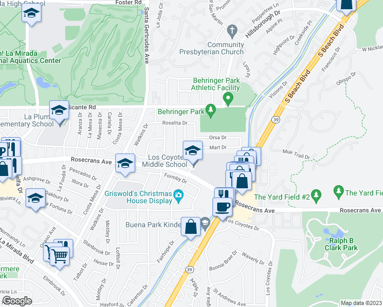 map of restaurants, bars, coffee shops, grocery stores, and more near 14613 Mercado Avenue in La Mirada