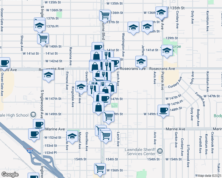 map of restaurants, bars, coffee shops, grocery stores, and more near 4330 West 145th Street in Lawndale