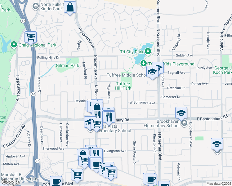 map of restaurants, bars, coffee shops, grocery stores, and more near 331 Fleming Avenue in Placentia