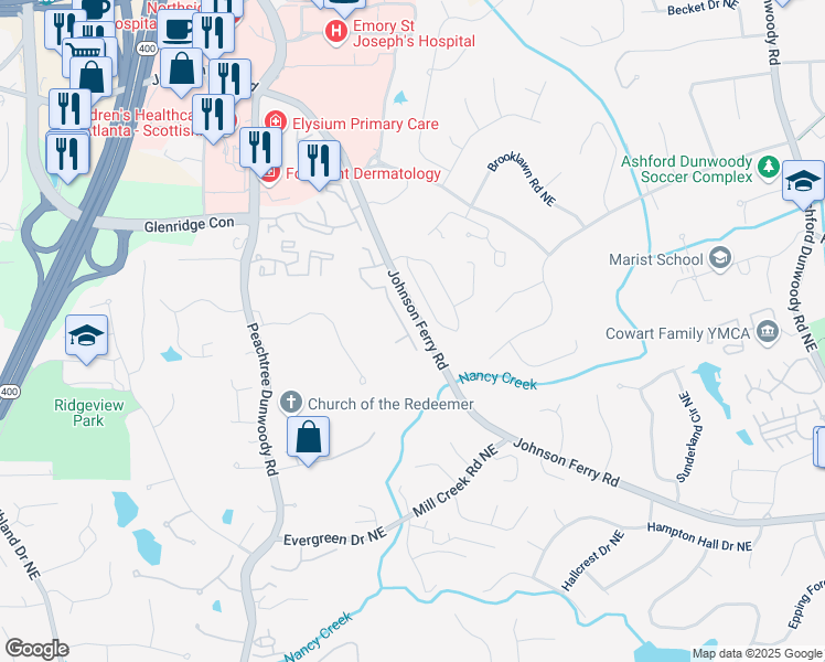map of restaurants, bars, coffee shops, grocery stores, and more near 1182 Bluffhaven Way Northeast in Atlanta