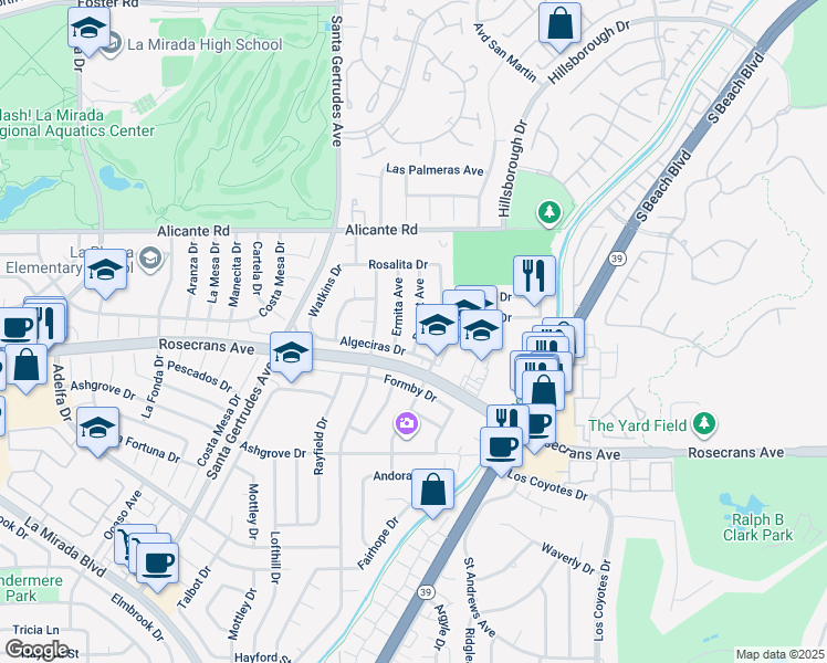 map of restaurants, bars, coffee shops, grocery stores, and more near 14611 Dunnet Avenue in La Mirada