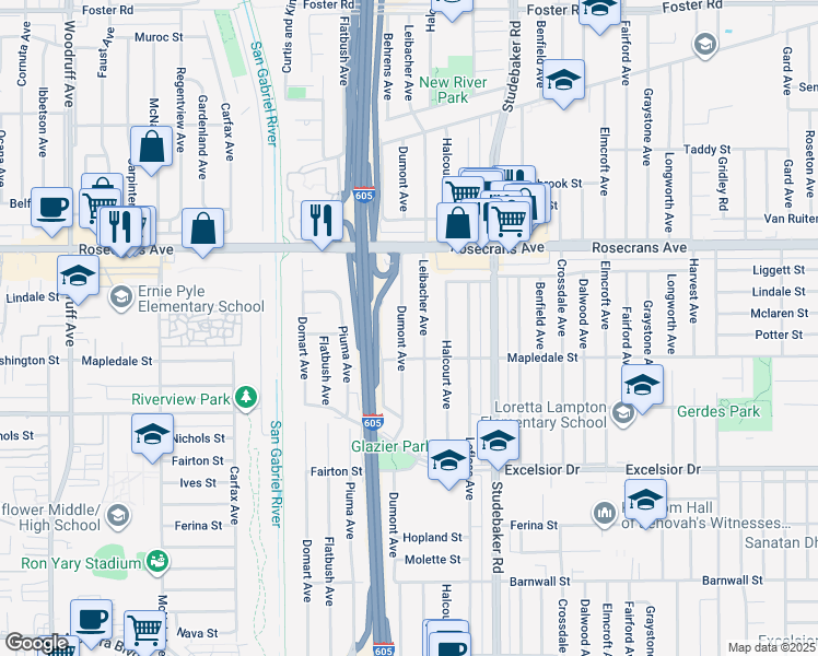 map of restaurants, bars, coffee shops, grocery stores, and more near 14508 Dumont Avenue in Norwalk
