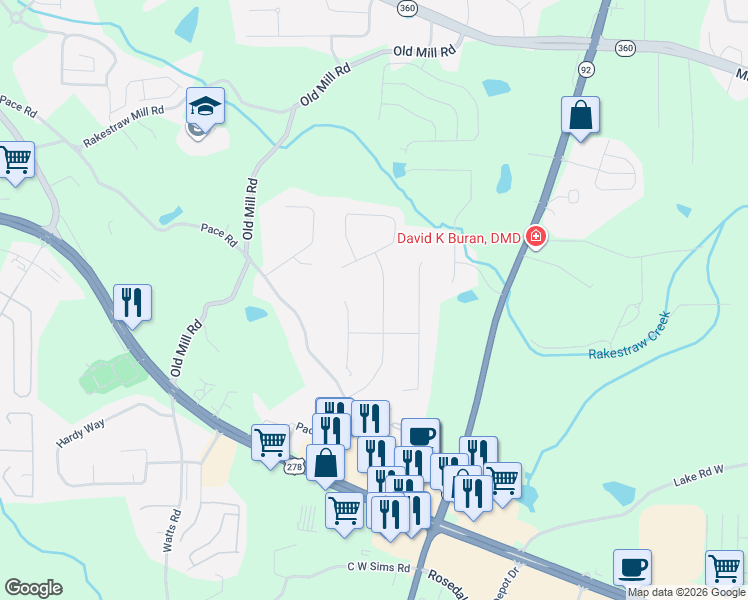 map of restaurants, bars, coffee shops, grocery stores, and more near 341 Pace Drive in Hiram