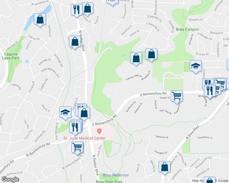 map of restaurants, bars, coffee shops, grocery stores, and more near 453 Westchester Place in Fullerton