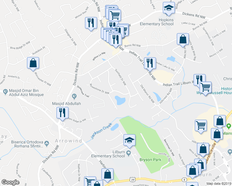 map of restaurants, bars, coffee shops, grocery stores, and more near 5217 Rosestone Drive Northwest in Lilburn