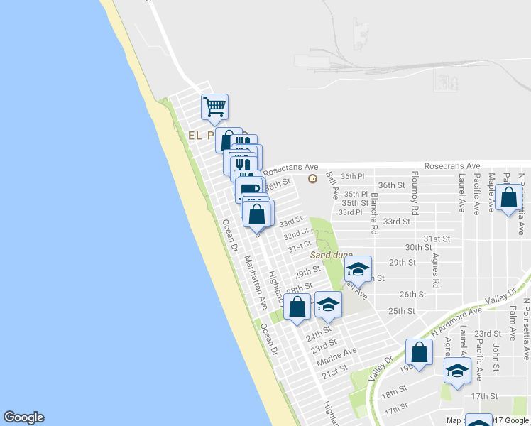 map of restaurants, bars, coffee shops, grocery stores, and more near 330 34th Place in Manhattan Beach
