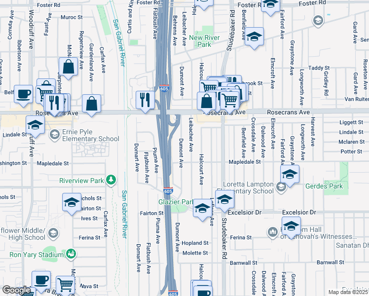 map of restaurants, bars, coffee shops, grocery stores, and more near 14508 Dumont Avenue in Norwalk