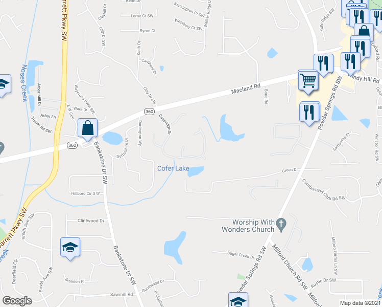 map of restaurants, bars, coffee shops, grocery stores, and more near 2141 Caneridge Drive in Marietta