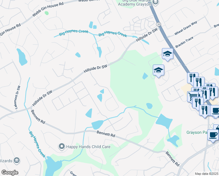 map of restaurants, bars, coffee shops, grocery stores, and more near 1770 Cooper Lakes Drive in Grayson