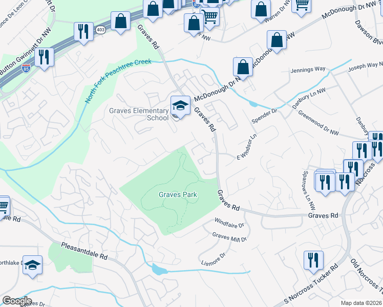map of restaurants, bars, coffee shops, grocery stores, and more near 6745 Trafalger Square in Norcross