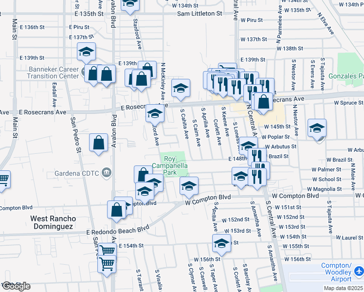 map of restaurants, bars, coffee shops, grocery stores, and more near 14606 South Caswell Avenue in Compton
