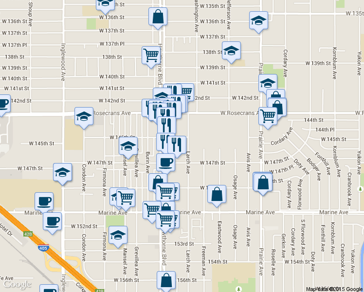 map of restaurants, bars, coffee shops, grocery stores, and more near 4330 West 145th Street in Lawndale