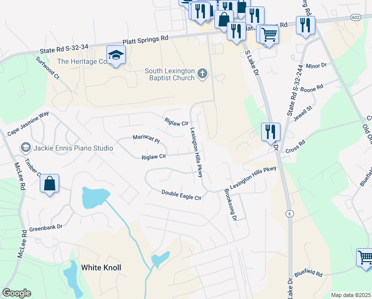 map of restaurants, bars, coffee shops, grocery stores, and more near 105 Pennine Place in Lexington