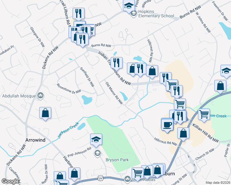 map of restaurants, bars, coffee shops, grocery stores, and more near 685 Old Manor Rd NW in Lilburn