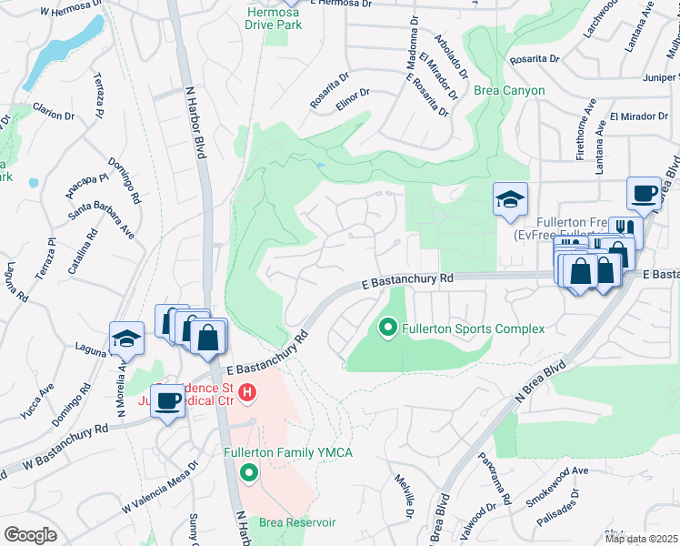 map of restaurants, bars, coffee shops, grocery stores, and more near 532 Riviera Court in Fullerton