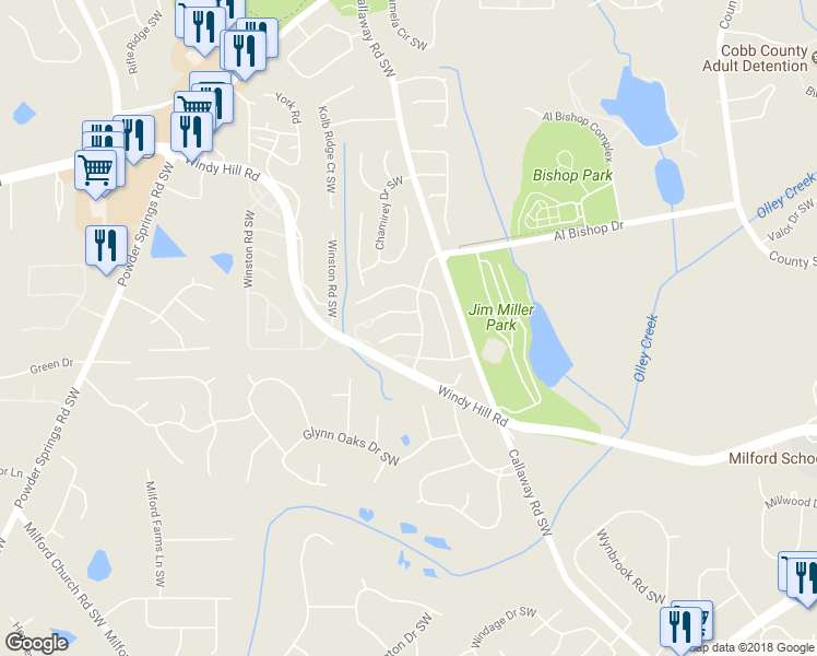 map of restaurants, bars, coffee shops, grocery stores, and more near 1404 Cumberland Creek Lane Southwest in Marietta
