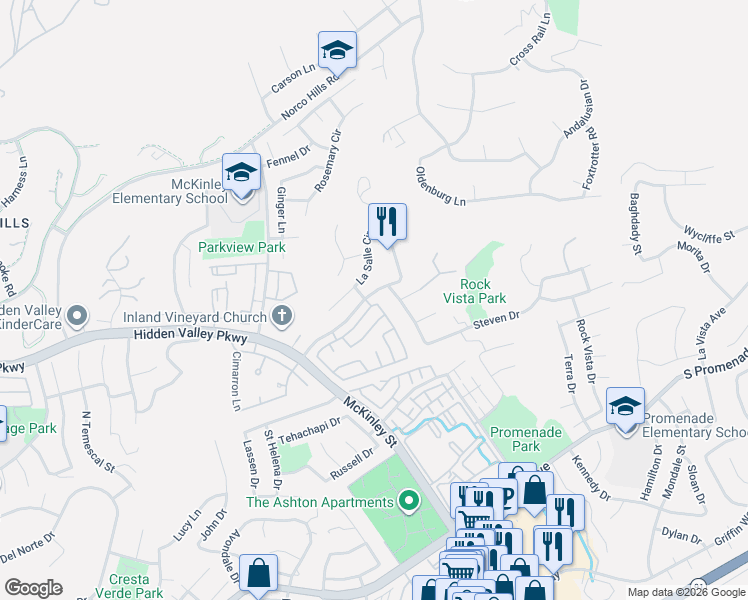 map of restaurants, bars, coffee shops, grocery stores, and more near 860 Clear Springs Drive in Corona