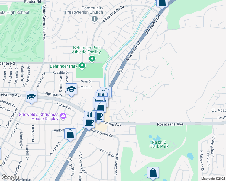 map of restaurants, bars, coffee shops, grocery stores, and more near 3008 Muir Trail Drive in Fullerton