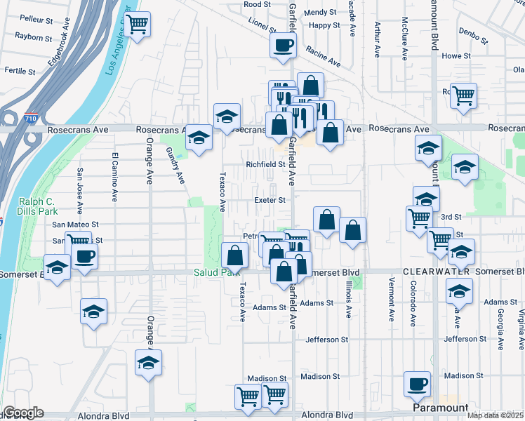 map of restaurants, bars, coffee shops, grocery stores, and more near 7323 1/2 Exeter Street in Paramount