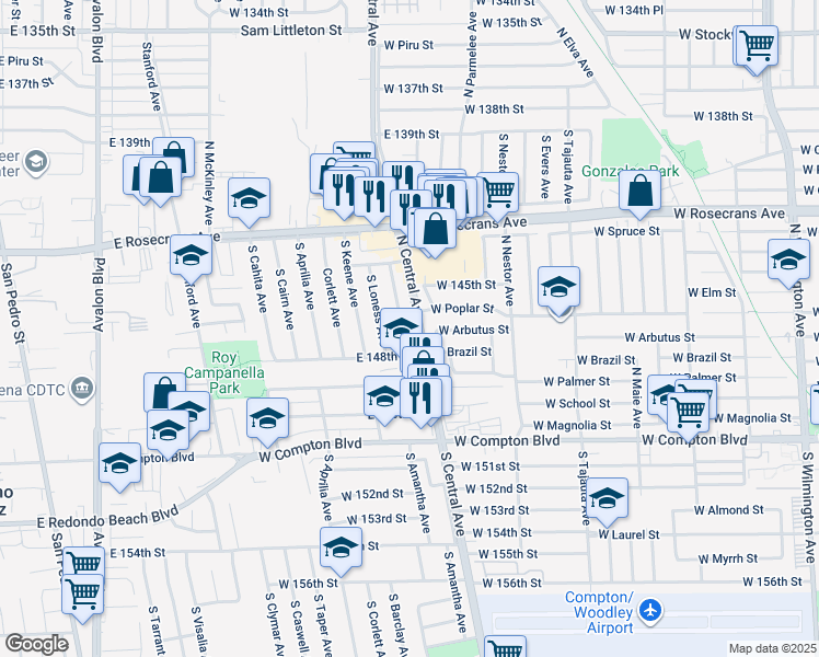 map of restaurants, bars, coffee shops, grocery stores, and more near 1908 West Poplar Street in Compton