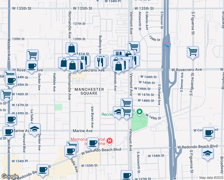 map of restaurants, bars, coffee shops, grocery stores, and more near 14503 Berendo Avenue in Gardena
