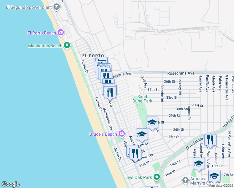 map of restaurants, bars, coffee shops, grocery stores, and more near 380 35th Street in Manhattan Beach