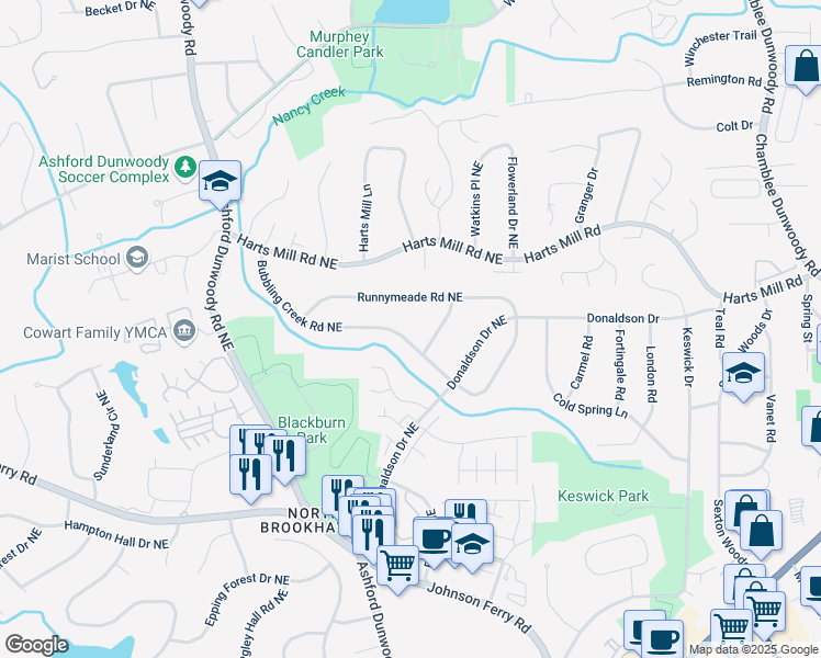 map of restaurants, bars, coffee shops, grocery stores, and more near 1564 Bubbling Creek Road Northeast in Atlanta